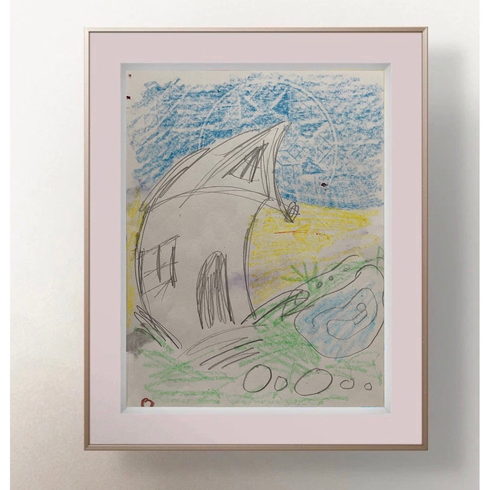OMAN Original Abstract Landscape Drawing Whimsical House Folk Art Paper 8.5x11